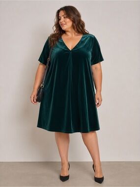 Modcloth Velvet Emerald Green V-Neck Dress sz large festive
